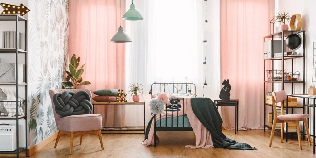 bedroom decorated in pastel colours