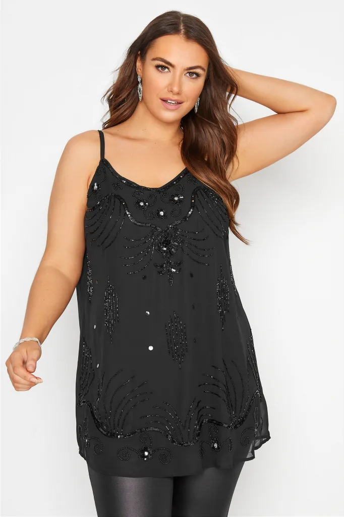Yours clothing Black Floral Sequin Hand Embellished Cami Top